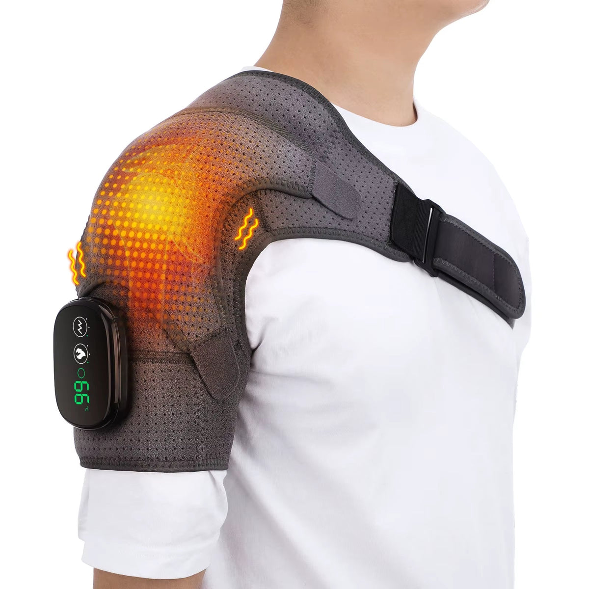 Heated shoulder massage wrap worn on shoulder with heat glow