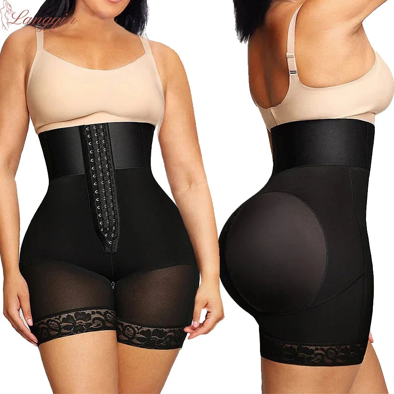 High waist tummy control shapewear shorts in black, front and side view