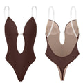 Corset backless shapewear in dark brown, front and back view diagram