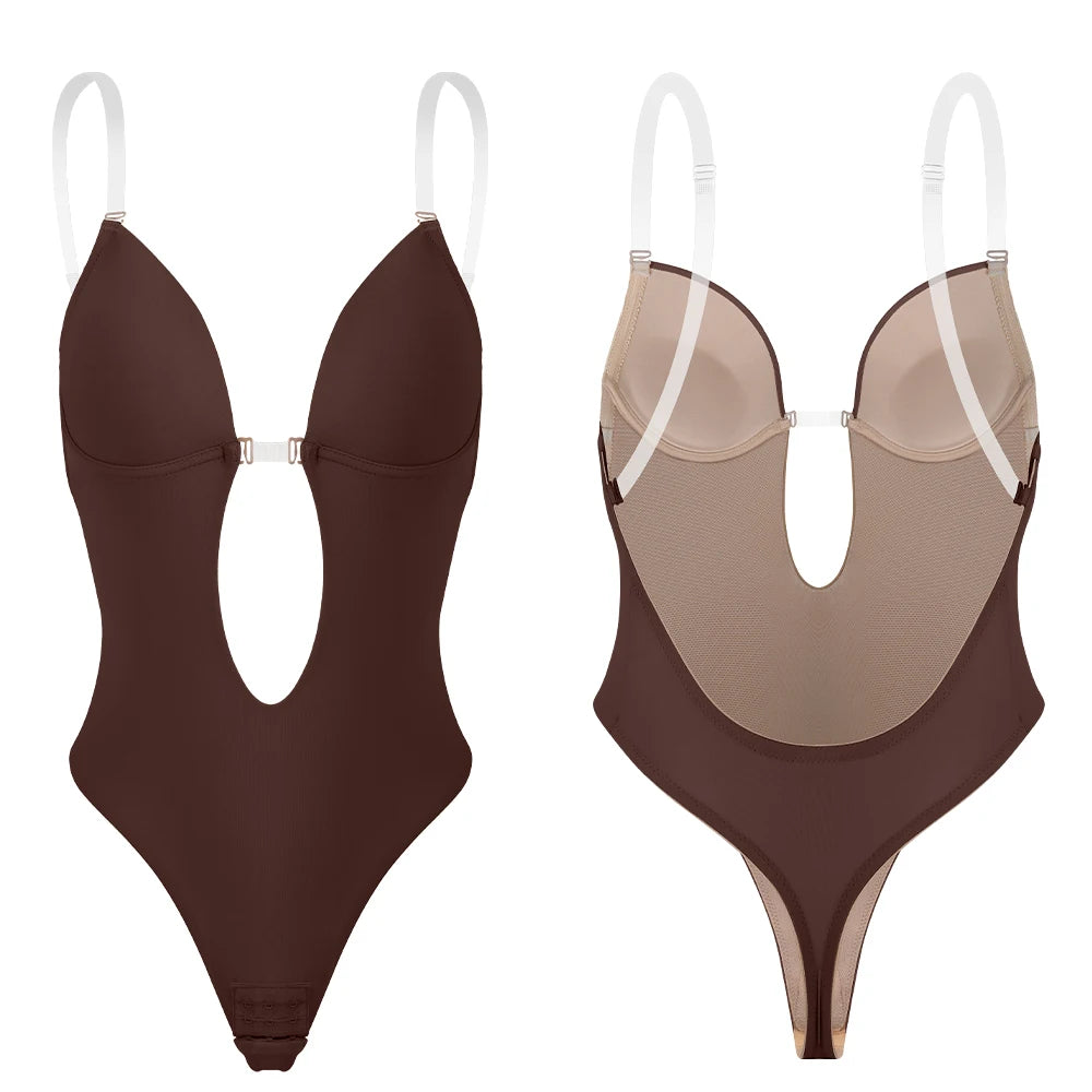 Corset backless shapewear in dark brown, front and back view diagram