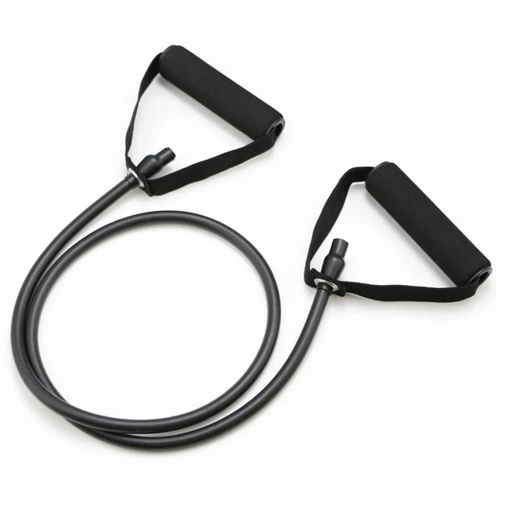 Black tube resistance band with black handles, one of five colour-coded levels