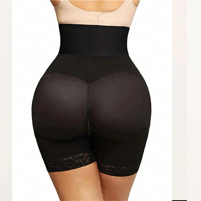 Back view of woman wearing black high waist shapewear shorts