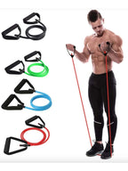 Man exercising with a resistance band with handles beside the five colour-coded bands in the range