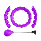 Purple weighted hula hoop assembled into a ring beside its detachable sections and weight ball