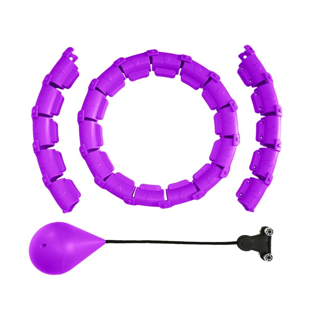 Purple weighted hula hoop assembled into a ring beside its detachable sections and weight ball
