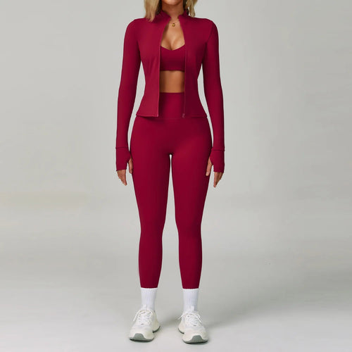 Women's 3 piece yoga workout set in red with fitted jacket, cropped top and leggings