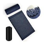 Blue acupressure massage mat and cushion set with pressure-point detail