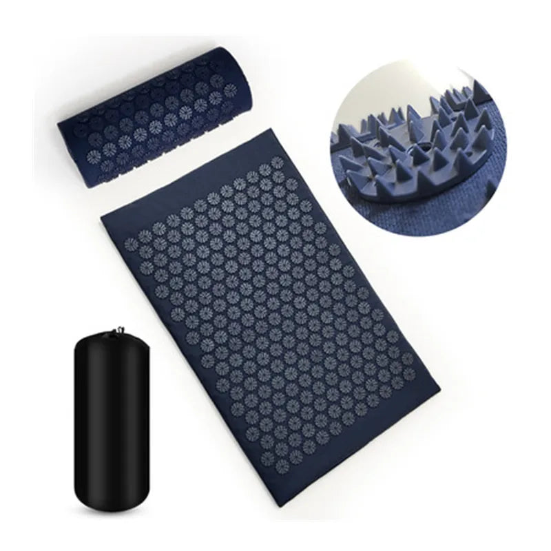 Blue acupressure massage mat and cushion set with pressure-point detail