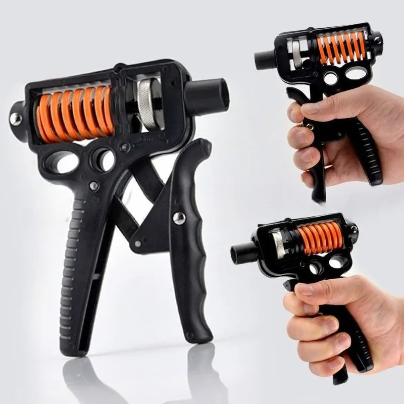 Hands using adjustable heavy gripper to demonstrate grip exercise