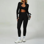 Black 3 piece women's yoga workout set, front view