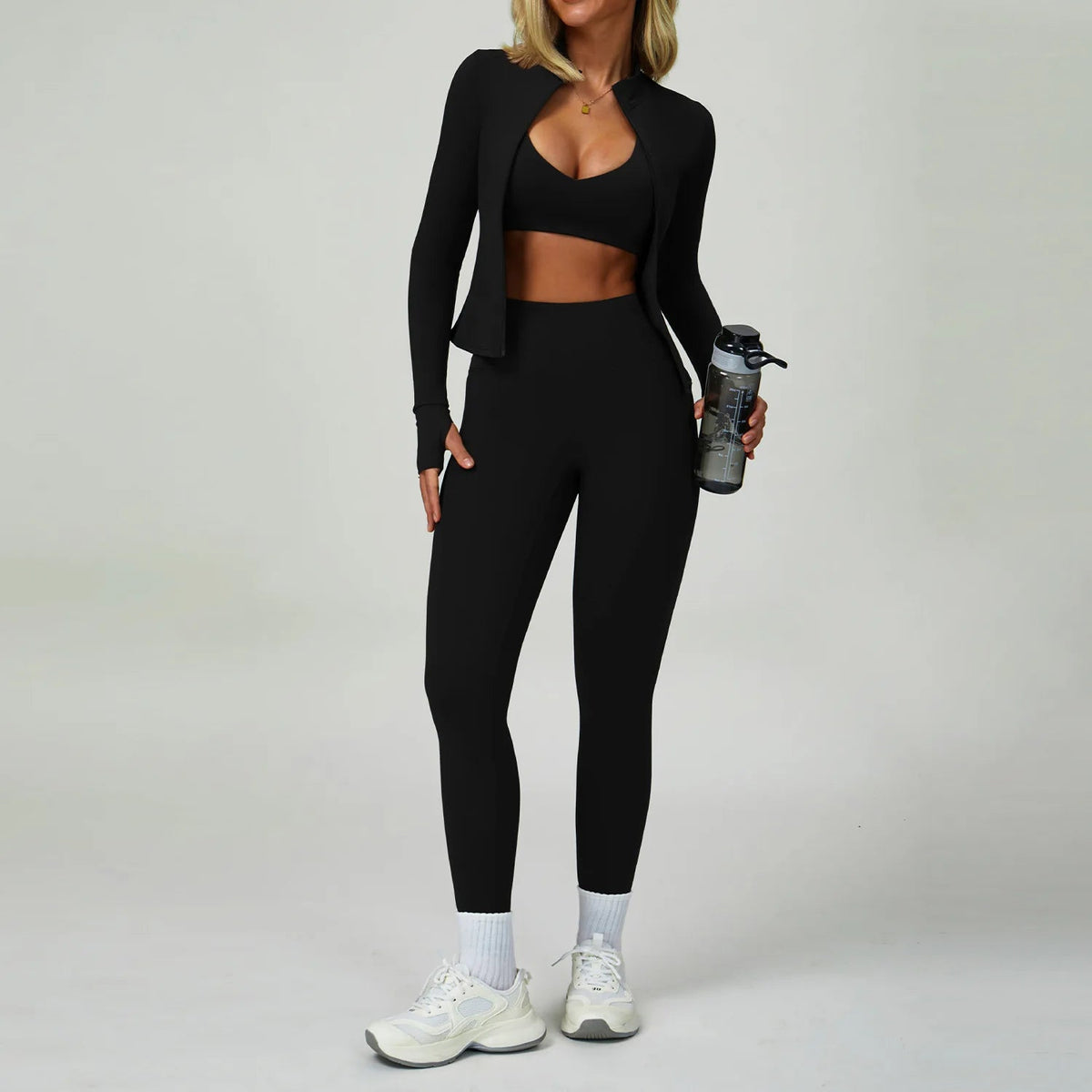Black 3 piece women's yoga workout set, front view