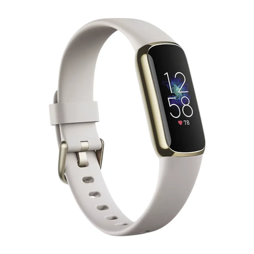 Smart fitness bracelet with AMOLED touchscreen display and adjustable white silicone strap