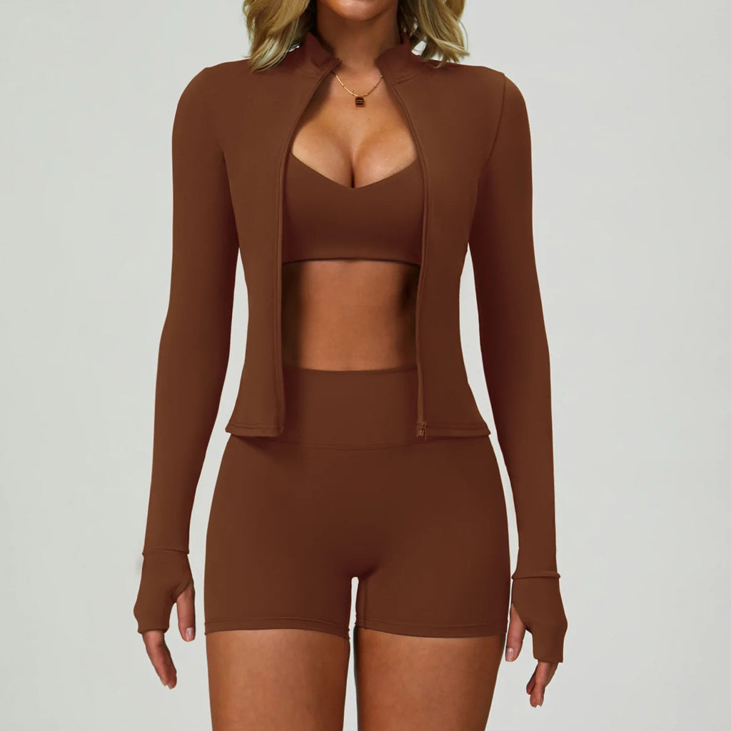 Brown matching activewear set with zip jacket and cropped top