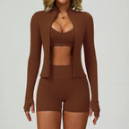 Brown matching activewear set with zip jacket and cropped top