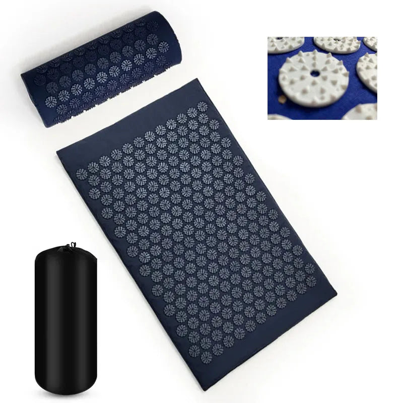 Dark blue acupressure mat and cushion set shown with pressure-point surface