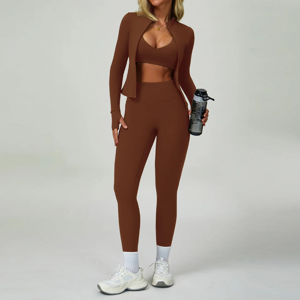 Women's 3 piece yoga workout set in brown with cropped top and leggings