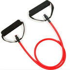 Red tube resistance band with black handles, one of five resistance levels