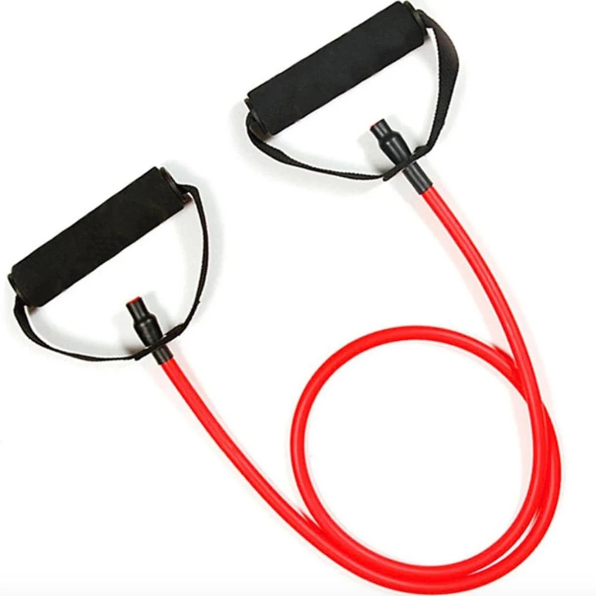 Red tube resistance band with black handles, one of five resistance levels