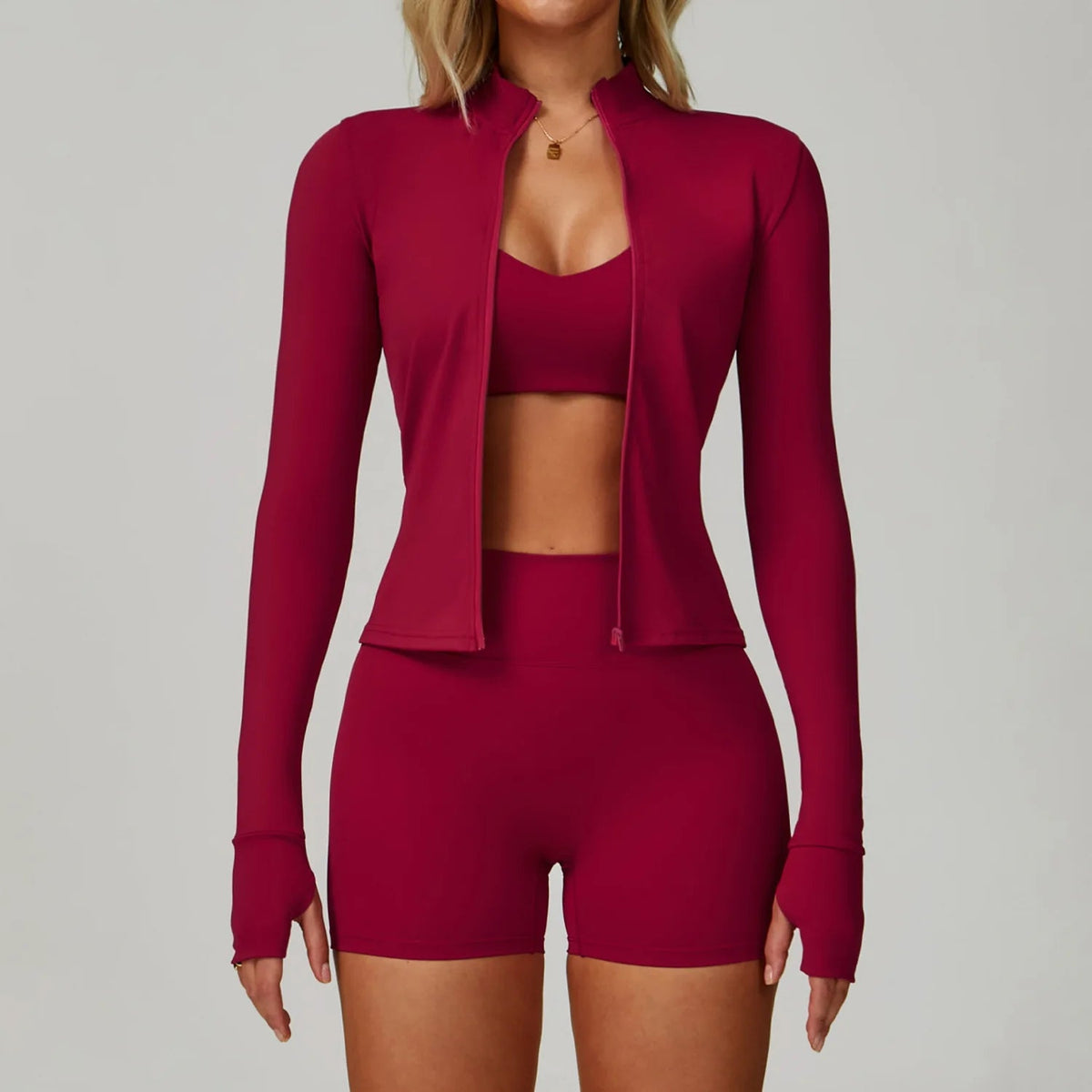Women's 3 piece yoga workout set in burgundy with shorts