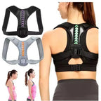 Black and grey adjustable posture brace options shown beside a woman wearing the black one from behind