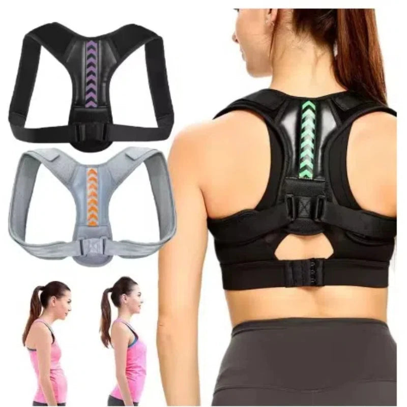 Black and grey adjustable posture brace options shown beside a woman wearing the black one from behind
