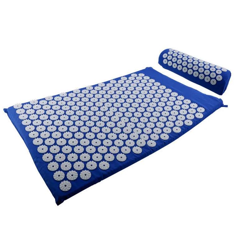 Blue acupressure massage mat and cushion set for at-home relaxation