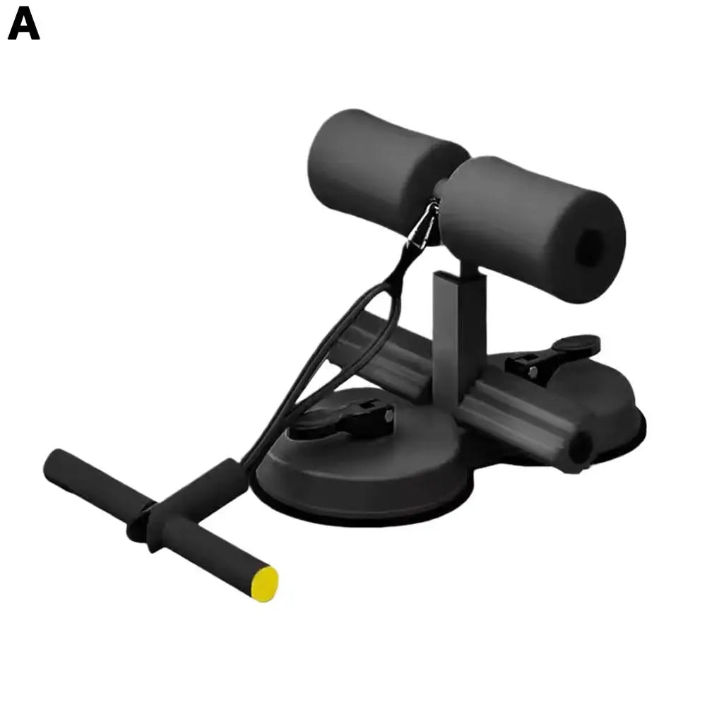 Adjustable sit-up bar foot holder with suction cups on a tile floor