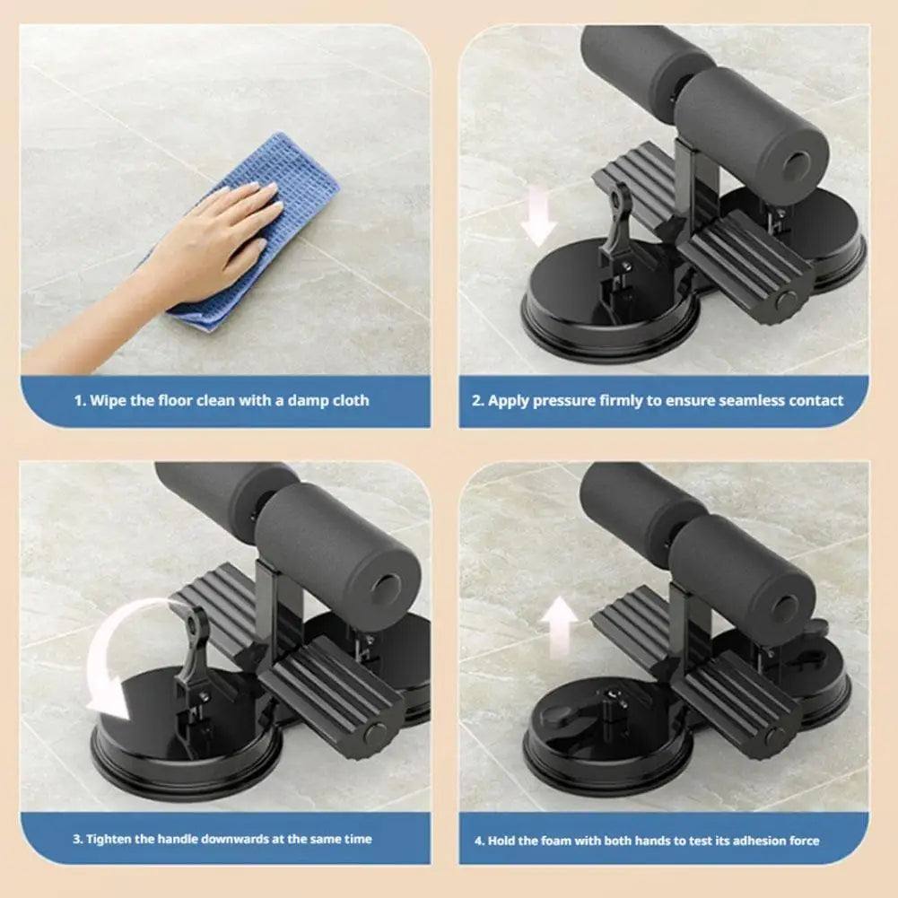 Woman doing sit-ups at home using a suction cup sit-up bar