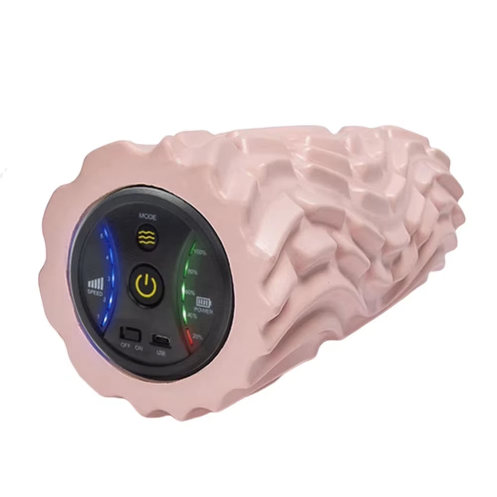 Vibrating foam roller for muscle recovery in pink with digital speed settings