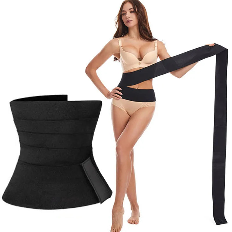 Black adjustable waist trimmer belt wrap shown unwrapped next to a woman wearing it