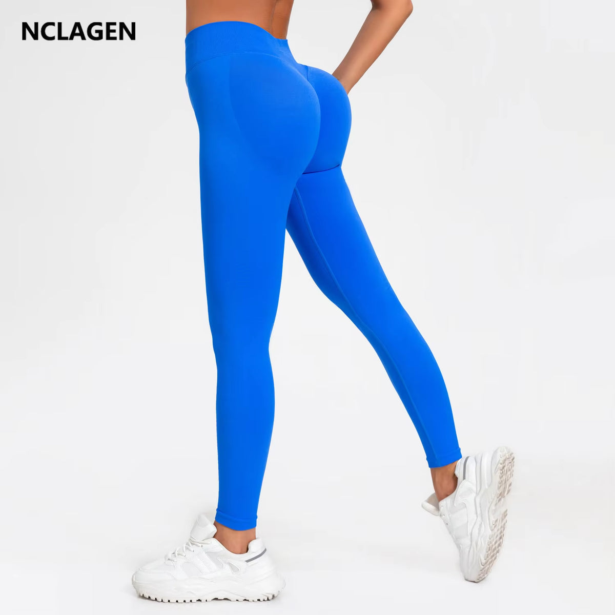 Black seamless scrunch bum leggings with ribbed waistband, back view
