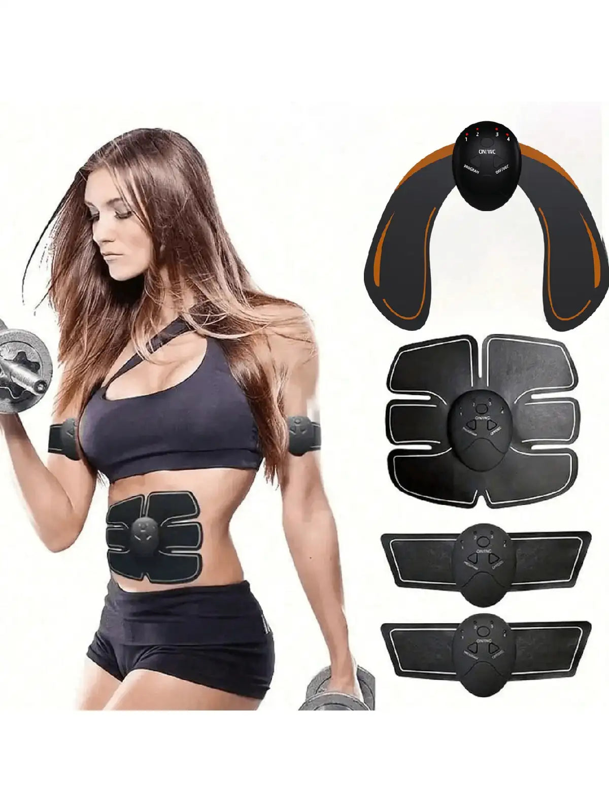 Woman using EMS muscle stimulator trainer with dumbbells, abs and hip pads shown