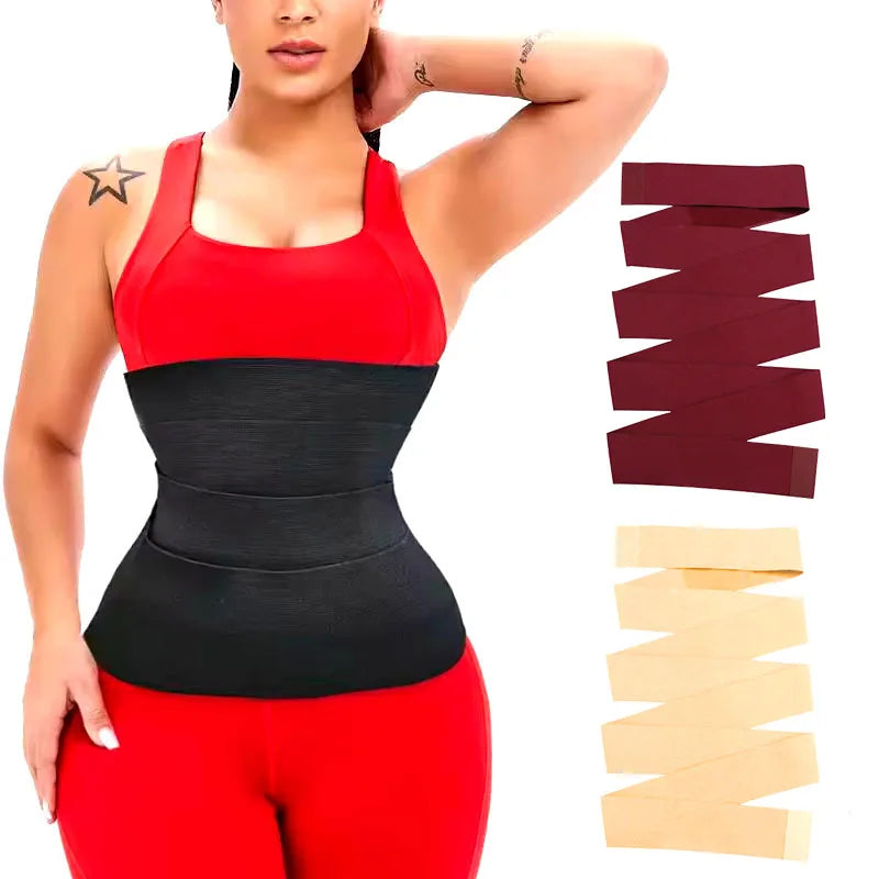Woman wearing a black waist trimmer belt with apricot and wine red colour options