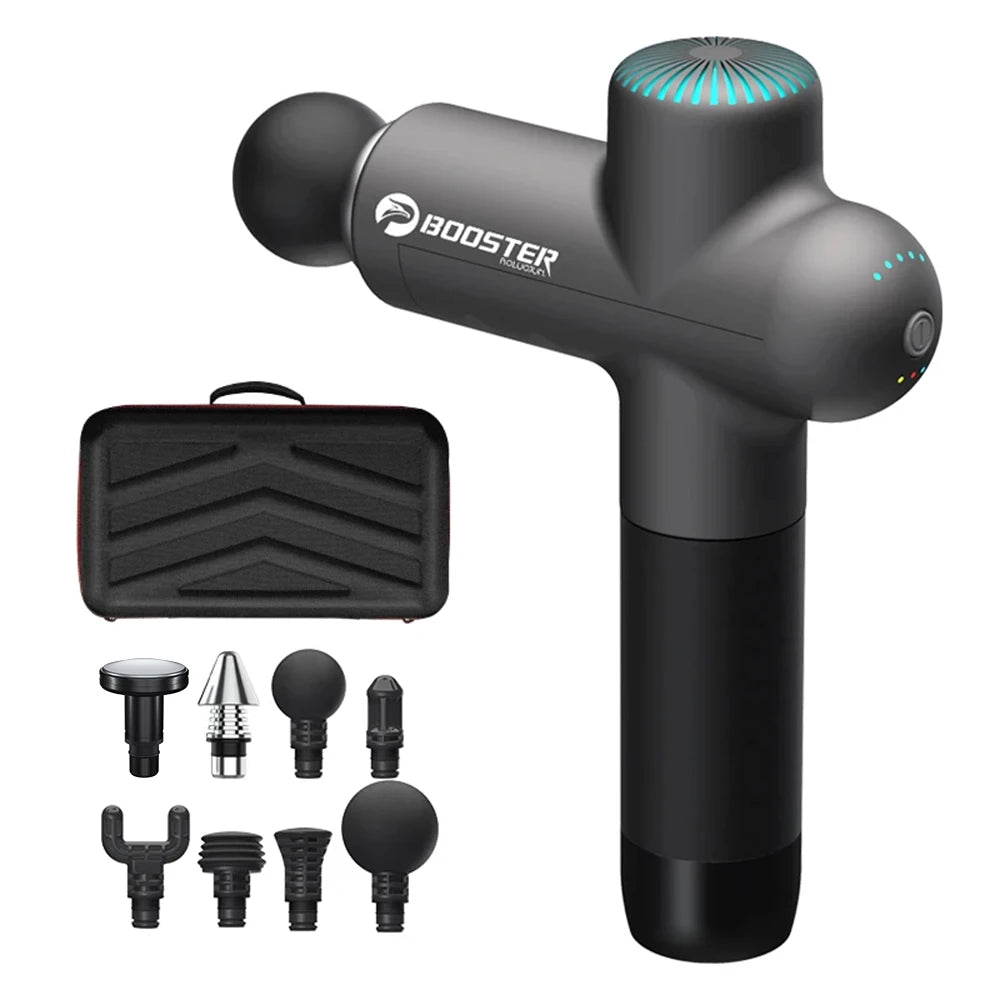 Black fascia massage gun with multiple massage attachment head