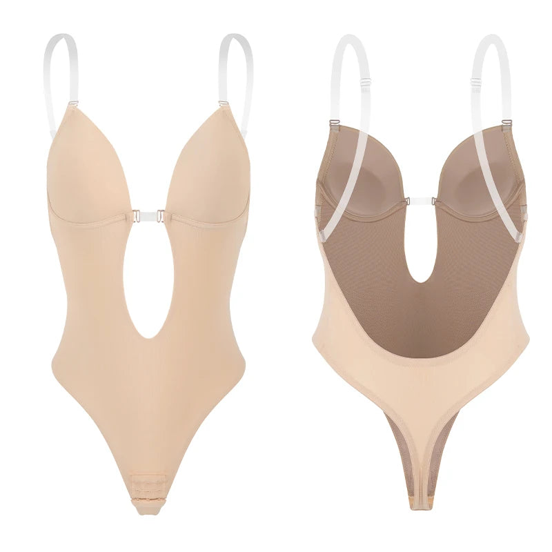 Corset backless shapewear in nude and beige, front and back view diagram