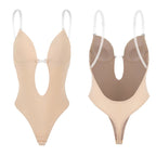 Corset backless shapewear in nude and beige, front and back view diagram
