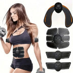 Woman wearing EMS abs and arm stimulator pads during workout