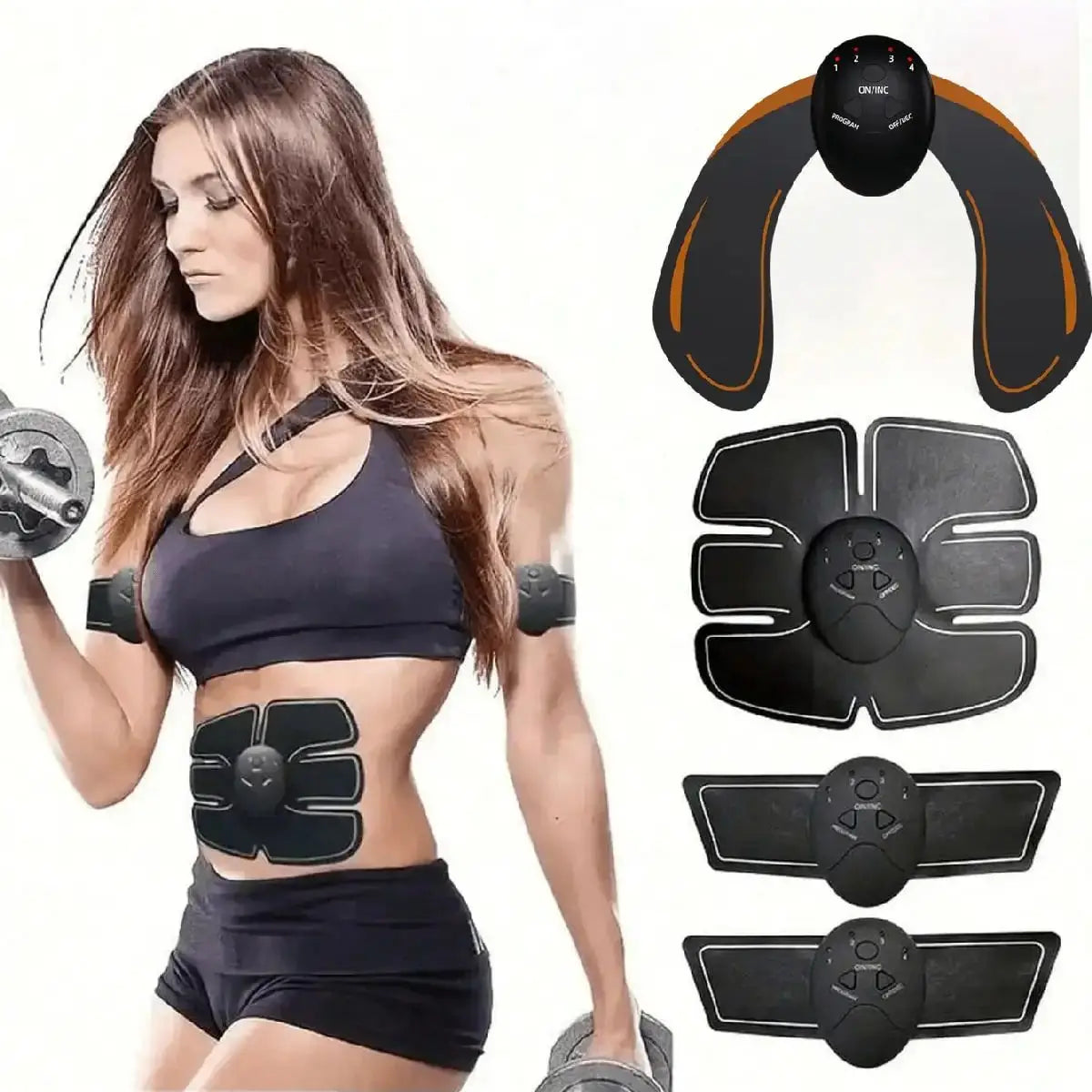 Woman wearing EMS abs and arm stimulator pads during workout