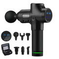 Black muscle massage gun with interchangeable massage heads laid out beside an open carry case