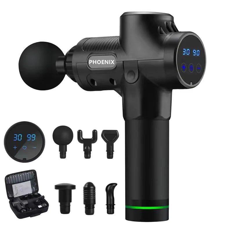 Black muscle massage gun with interchangeable massage heads laid out beside an open carry case