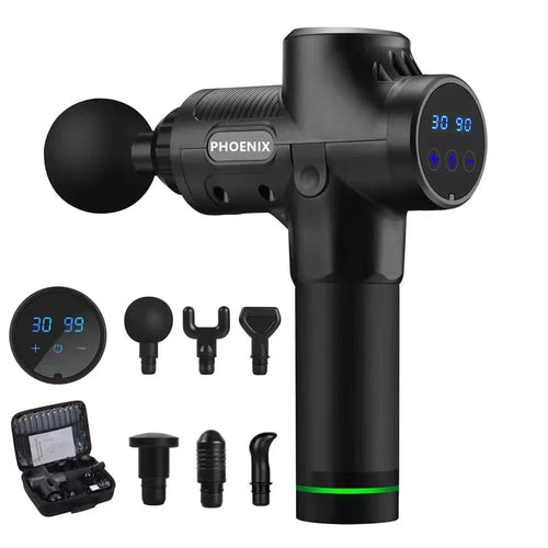 Black muscle massage gun with interchangeable massage heads laid out beside an open carry case