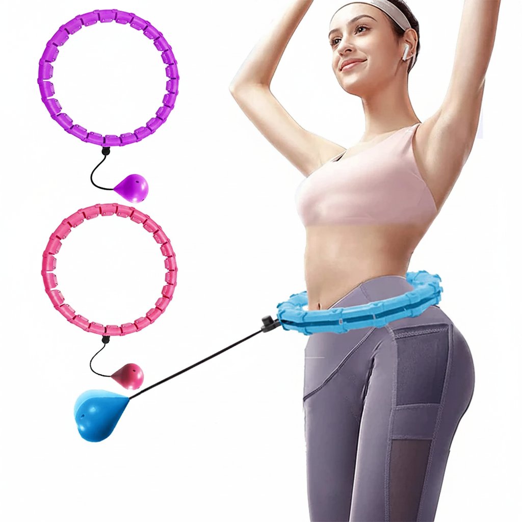 Woman with arms raised using a blue smart hula hoop at her waist, with purple and pink hoop sets shown inset