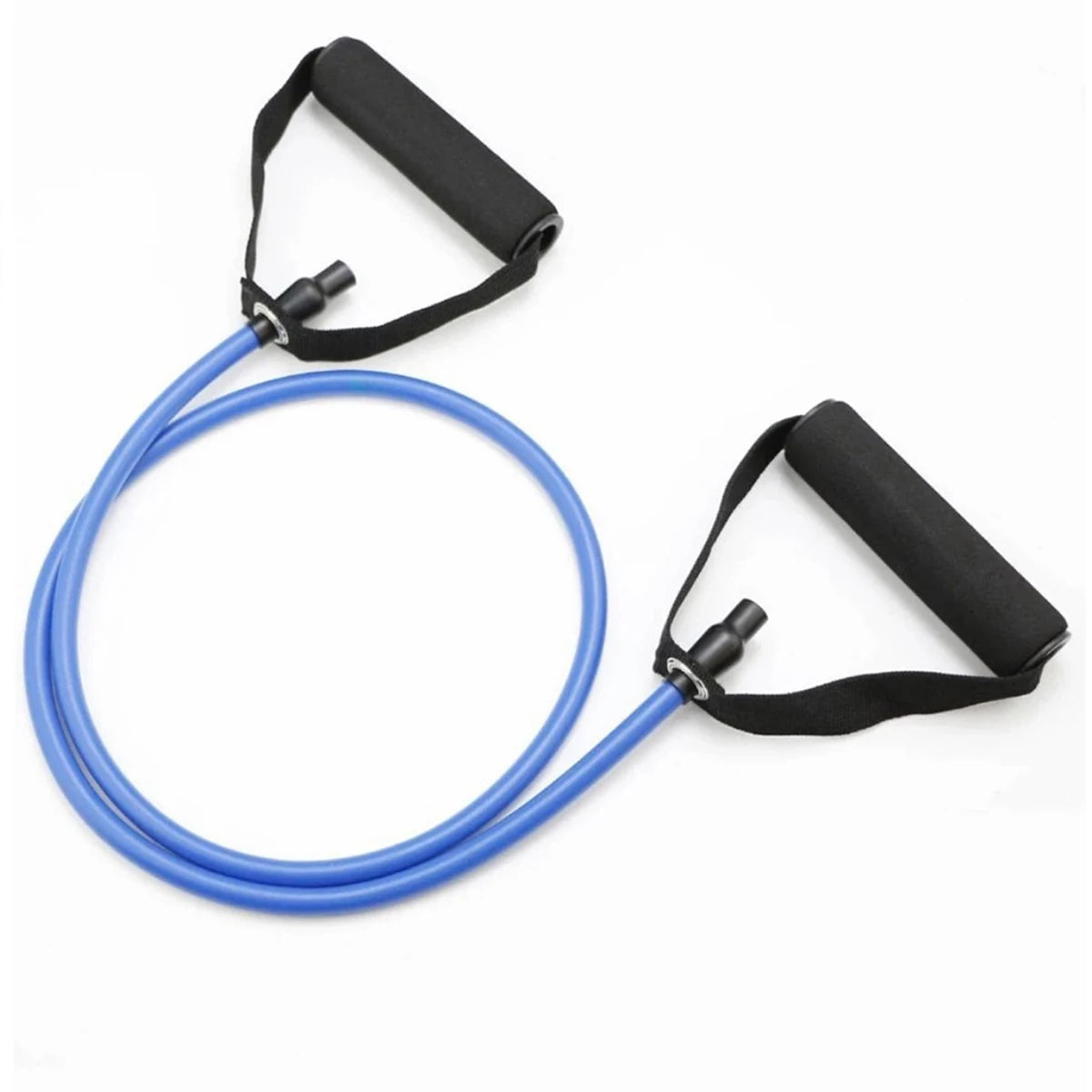 Blue tube exercise band with black handles for home and gym workouts